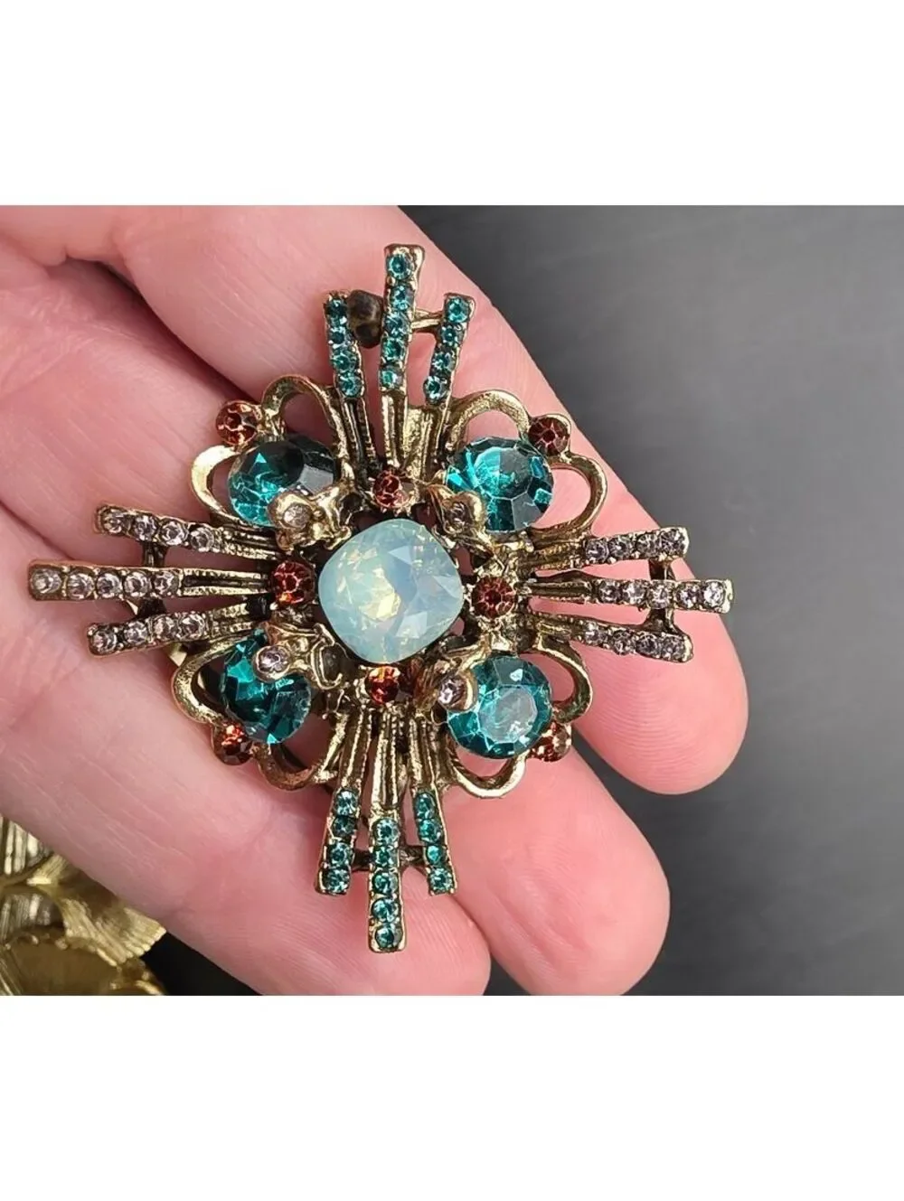 Vintage Style Gold Tone Blue and Opal Rhinestone Brooch